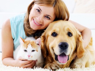 happy owner dog and cat